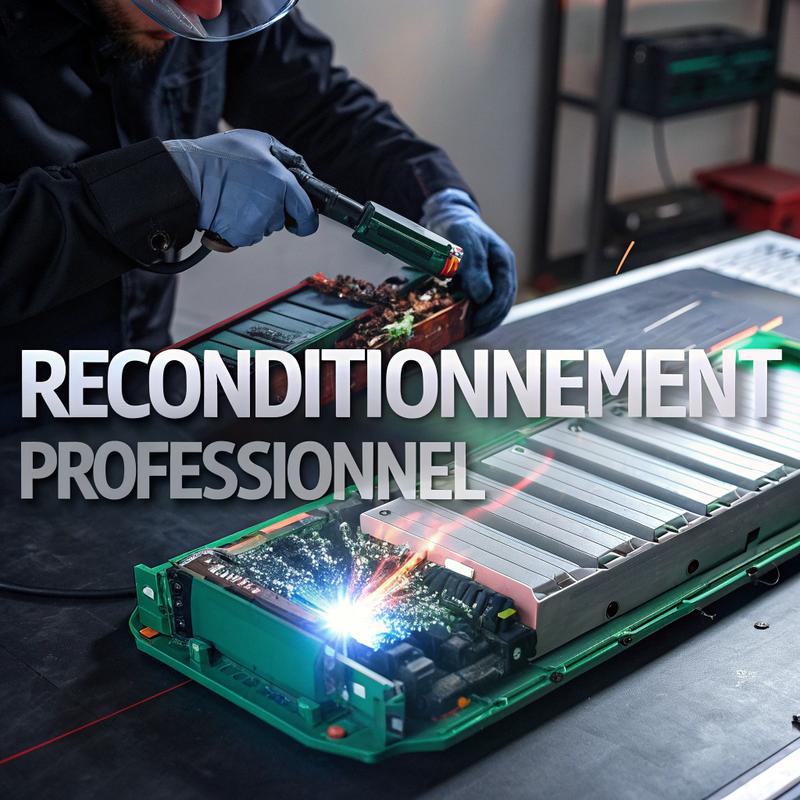 Batterie de vélo électrique en cours de reconditionnement, mettant en évidence des cellules Samsung de haute capacité et un travail de soudure précis, avec un éclairage dramatique soulignant les détails techniques.