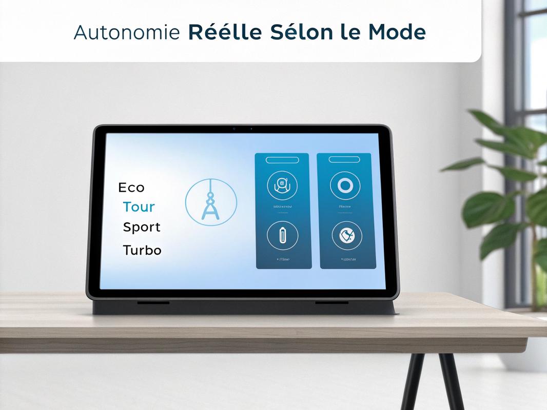 Tableau minimaliste comparant les modes de batterie Eco, Tour, Sport et Turbo sur écran digital avec éléments d'interface utilisateur bleu pastel, titre en français