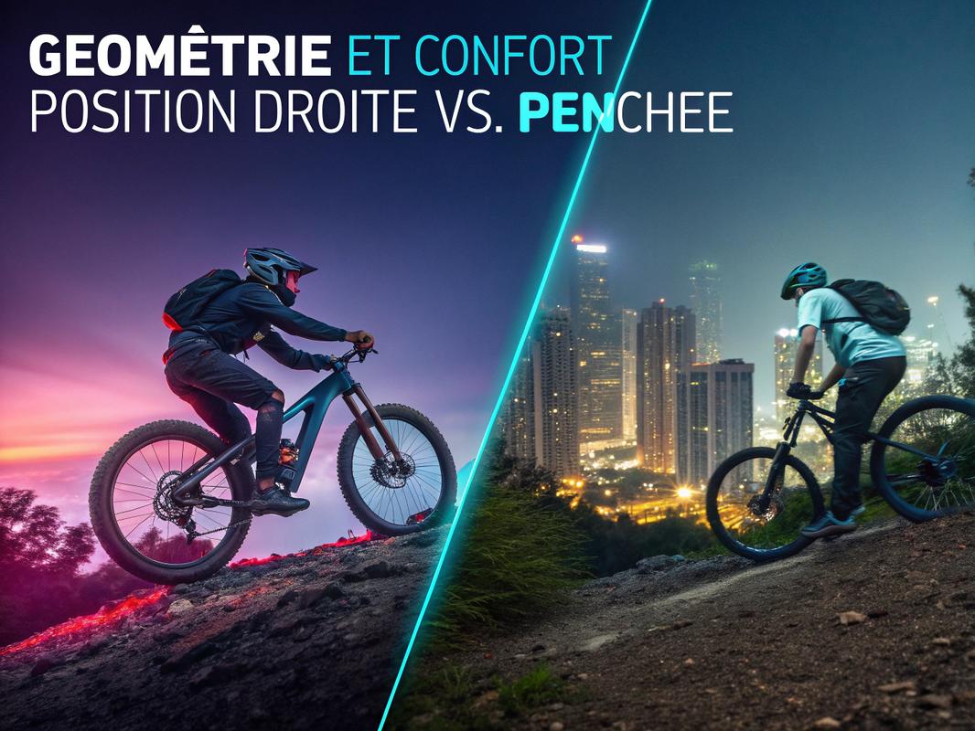 Comparaison côte à côte des positions de conduite sur VTT et VTC avec texte 'Géométrie et Confort : Position Droite vs. Penchée' en style cyberpunk et lumières néon vives