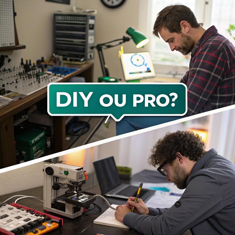 Montage cinématique comparant réparation de batterie par soi-même à celle professionnelle avec un espace de travail encombré à domicile et des outils de laboratoire avancés, incluant un graphique sous forme de liste avec 'DIY ou Pro ?' en typographie stylisée.