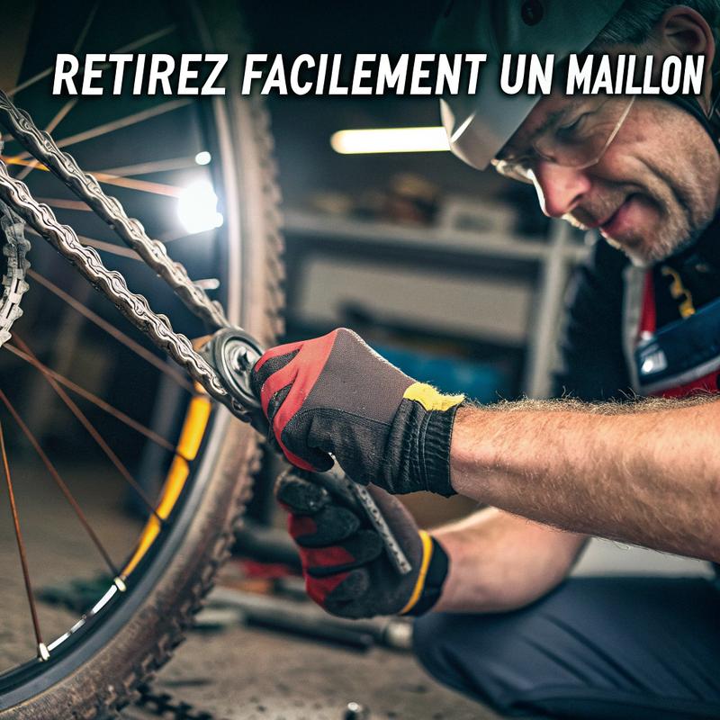 Mains d'un cycliste utilisant un outil pour retirer un maillon de chaîne de vélo usé, dans un atelier bien éclairé avec des outils visibles.