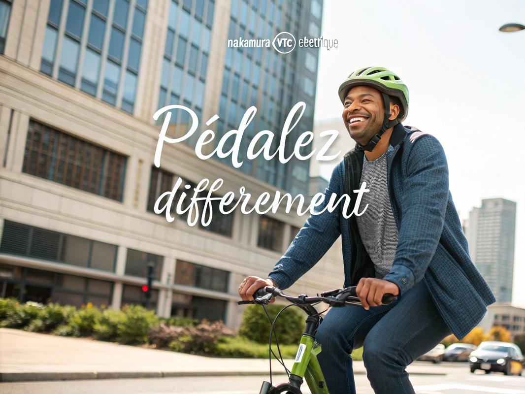 Un cycliste souriant sur un vélo électrique Nakamura VTC, avec l'inscription 'Pédalez Différemment', dans un cadre urbain moderne, sous une lumière vive et éclatante.