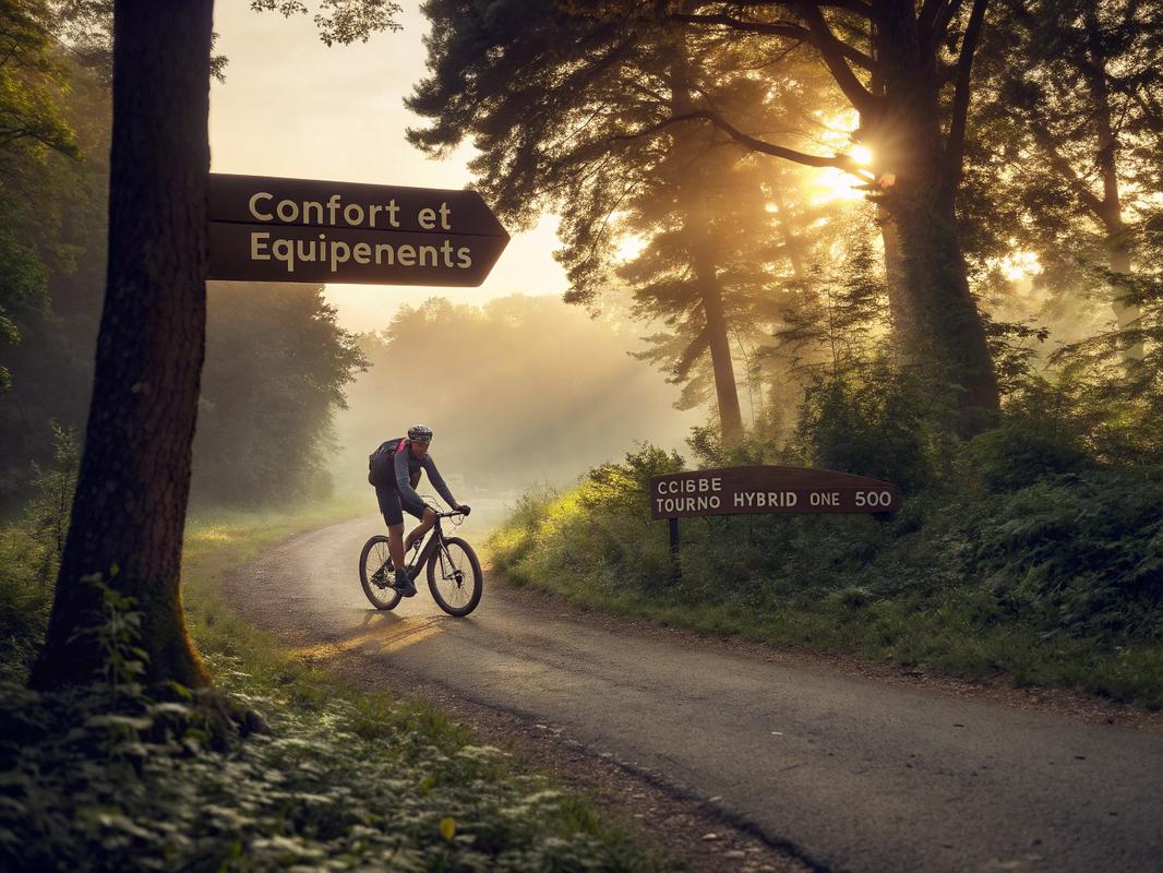 Cycliste sur un vélo électrique Cube Touring Hybrid One 500 traversant une forêt avec un panneau en bois indiquant 'Confort et Équipements'