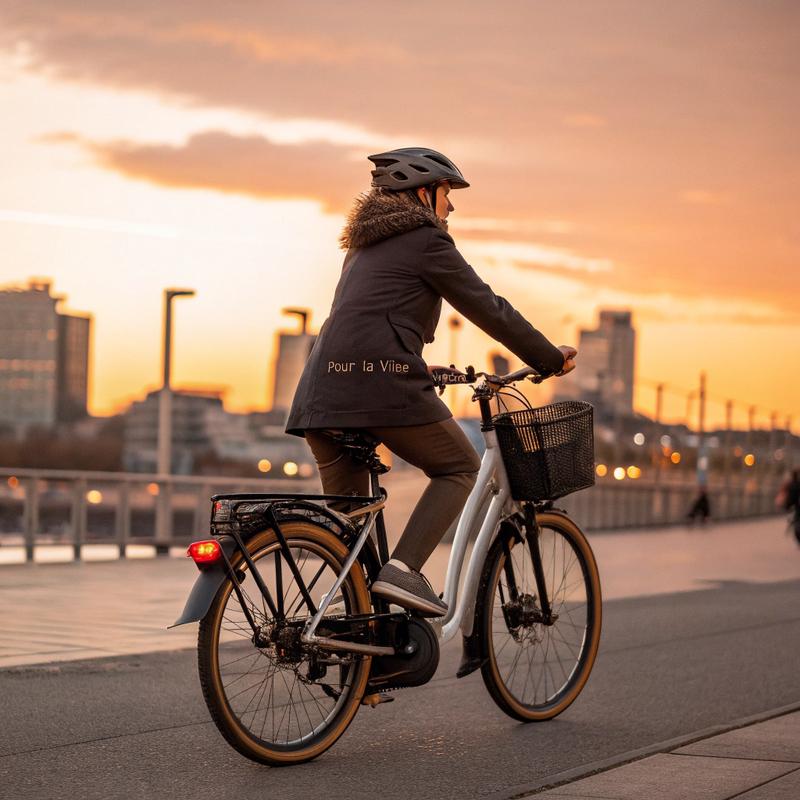 Cycliste urbain stylé sur un vélo électrique Kalkhoff élégant au coucher du soleil, avec des accessoires pratiques comme des garde-boue et un porte-bagages, reflets orange doux sur la surface métallique.
