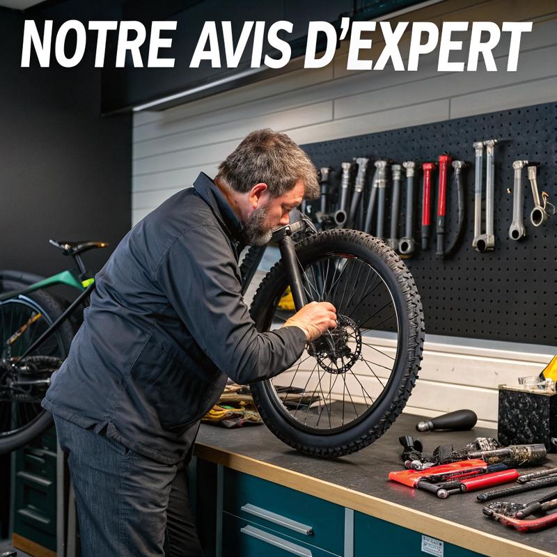 Expert vérifiant les composants d'un vélo électrique dans un atelier bien équipé, avec outils et pièces organisés sur la station de travail, sous éclairage cinématique.