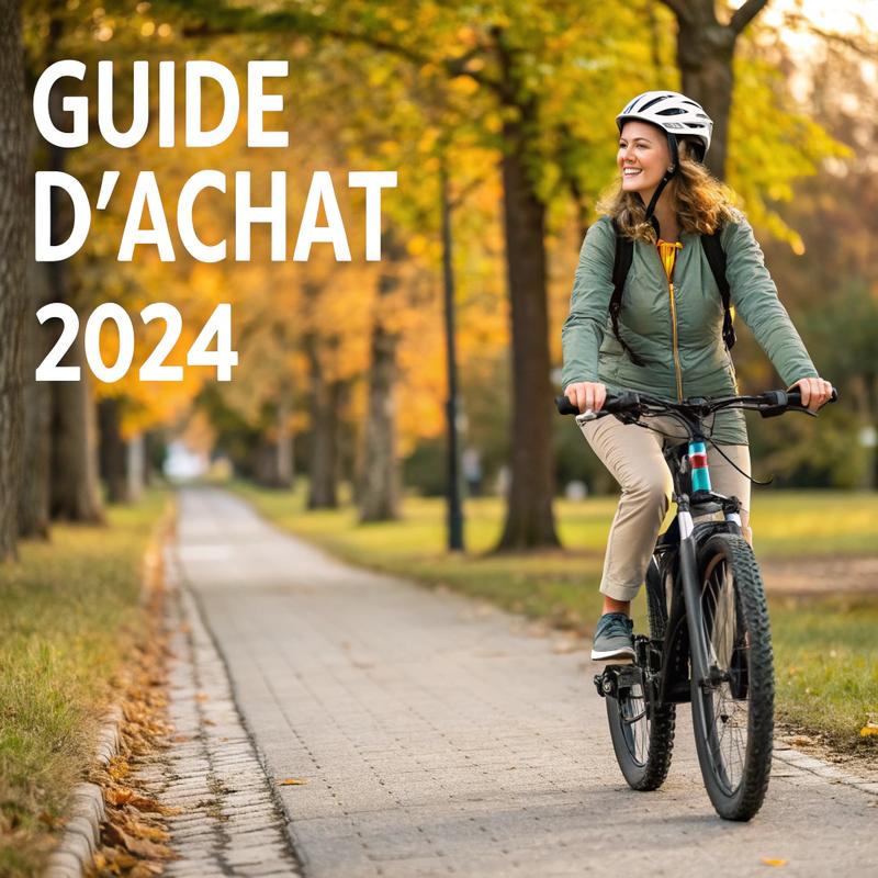 Femme roulant sur un vélo électrique léger, sur une piste pittoresque en automne, avec une superposition graphique « Guide d’Achat 2024 ».