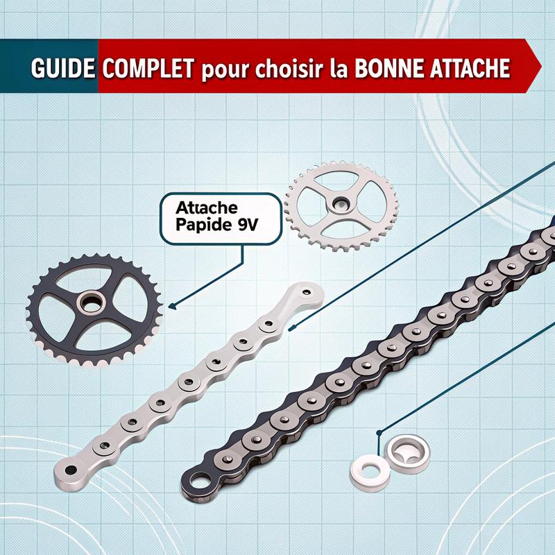 Infographie moderne et minimaliste sur un fond bleu clair présentant un tableau détaillé des attaches rapides compatibles avec des vélos de 3 à 11 vitesses, incluant des noms de produits en caractères gras et le titre 'Guide complet pour choisir la bonne attache'.