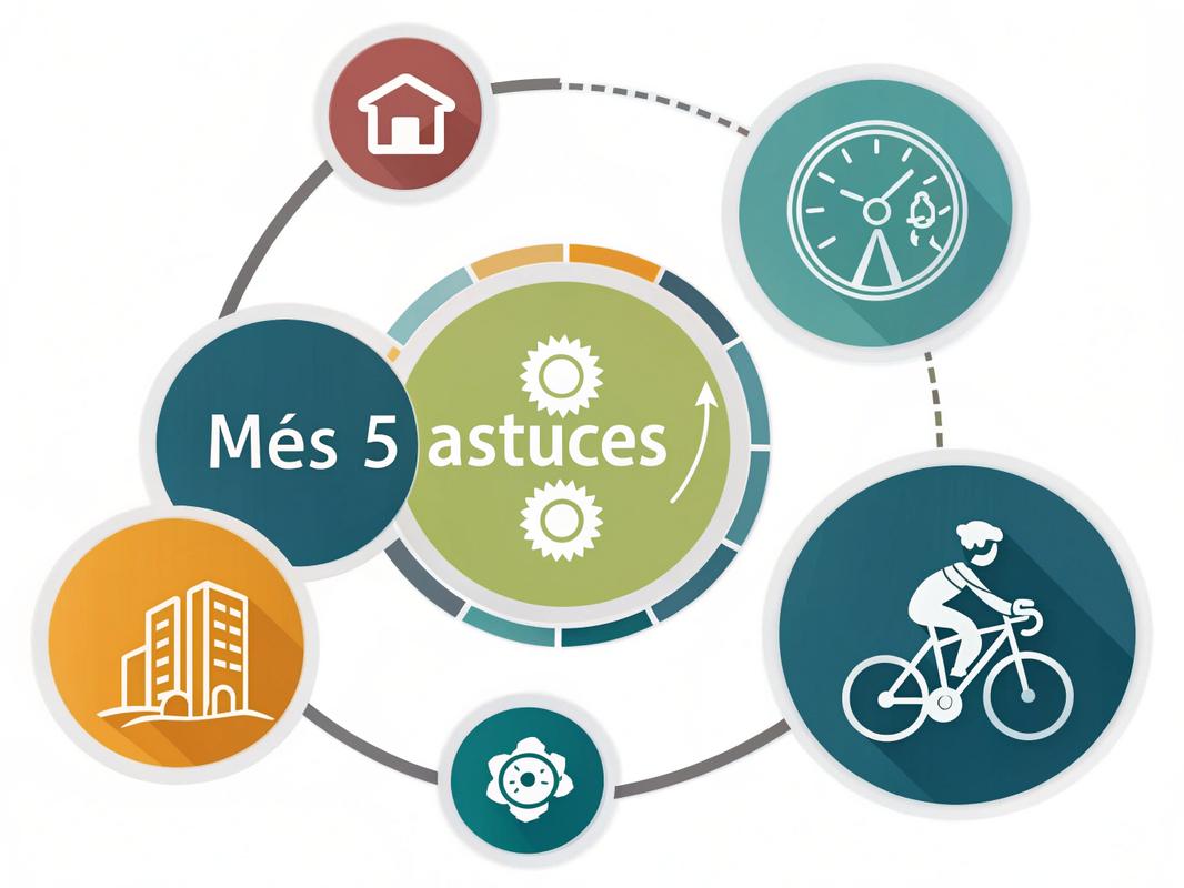 Infographie circulaire avec icônes de design plat représentant 5 astuces de cyclisme, titres en français, dégradés doux et typographie moderne sans-serif.