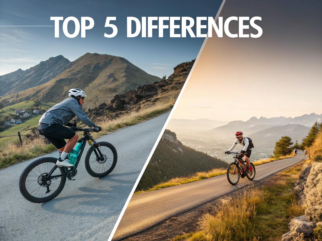 Infographie comparant VTT et VTC avec le titre 'Top 5 Différences', montrant un cycliste de montagne sur terrain accidenté et un cycliste hybride sur route pavée sous un éclairage naturel vibrant.