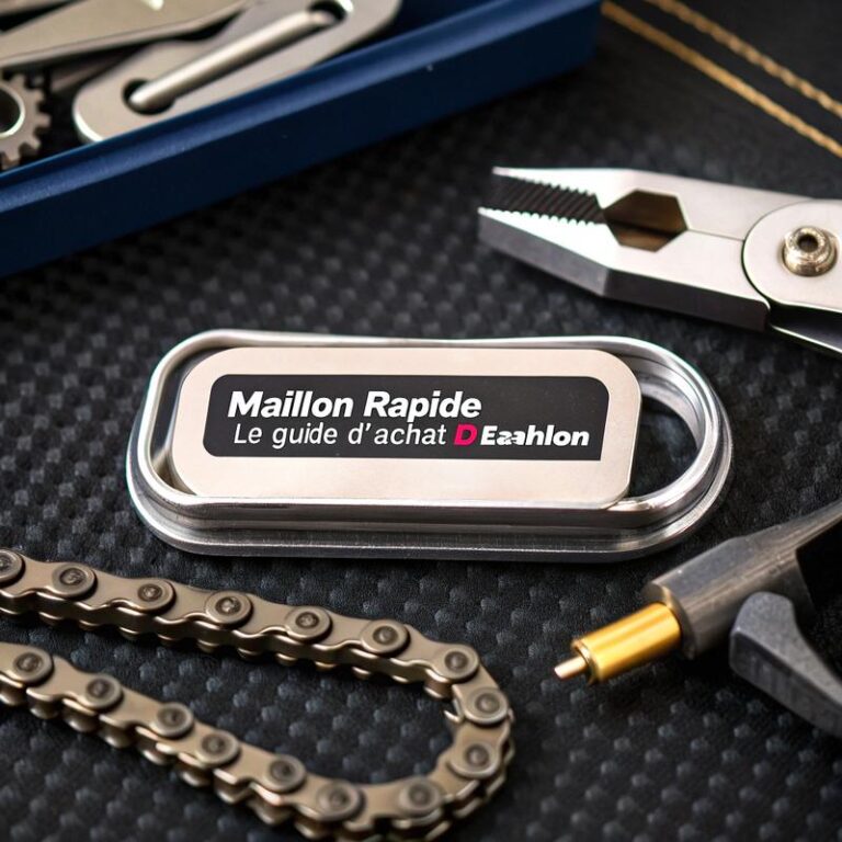 Mécanisme brillant d'un maillon rapide pour vélo dans un emballage 'attache rapide' avec le texte 'Maillon Rapide : Le Guide d'Achat Decathlon', accompagné d'outils comme un dérive-chaîne et des pinces sur un fond en fibre de carbone.