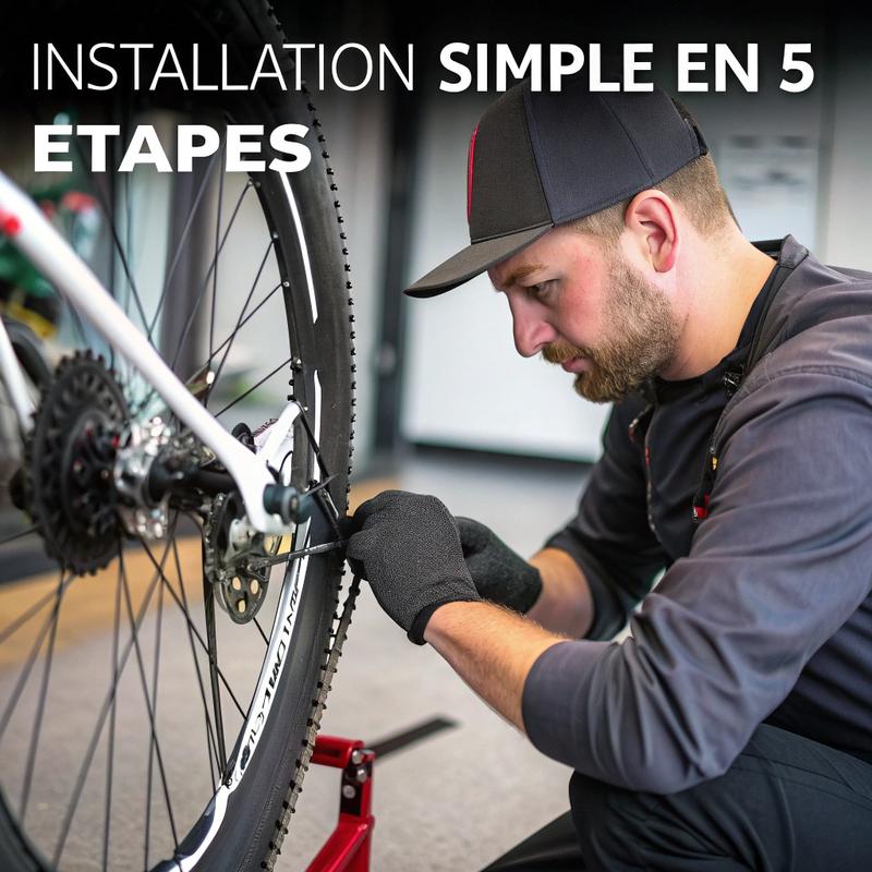Mécanicien installant avec précision une connexion rapide sur un vélo, sous un éclairage doux de studio, avec le texte 'Installation simple en 5 étapes' en surimpression.