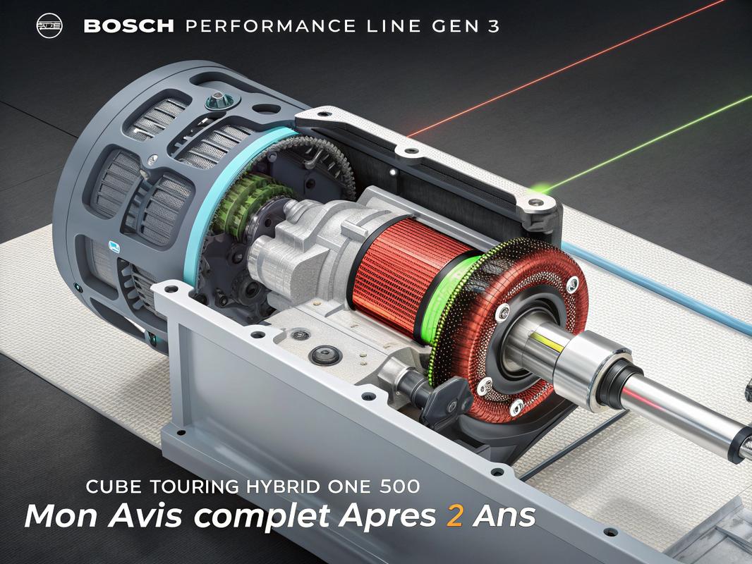 Vue rapprochée du moteur Bosch Performance Line Gen3 sur un Cube Touring Hybrid One 500, avec annotations techniques et textures de carbone.