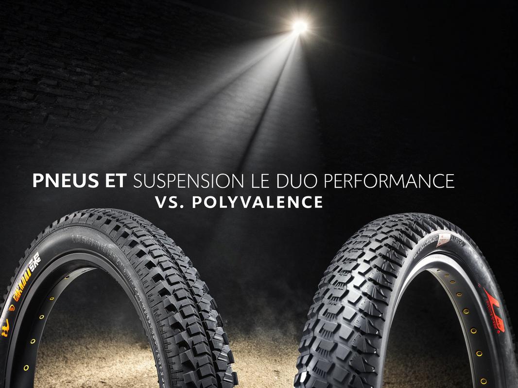Comparaison rapprochée de pneus VTT et VTC avec des textures marquées et lisses, sur fond noir éclairé par des spots.