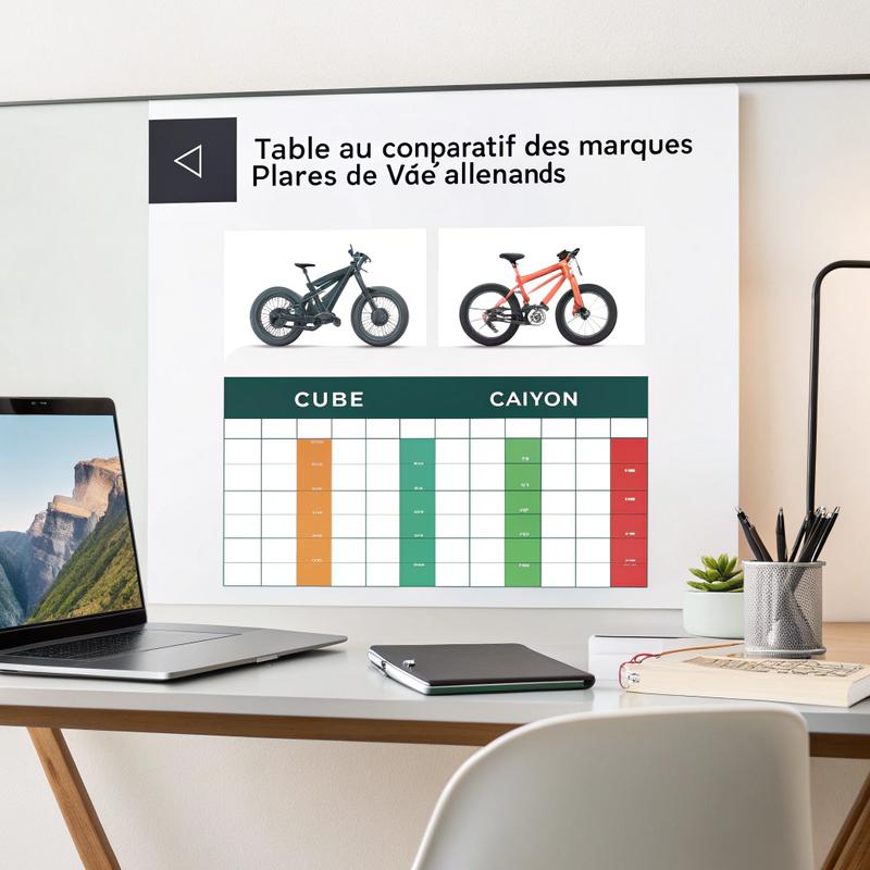 Tableau comparatif en français présentant des vélos électriques allemands, avec marques comme Cube et Canyon, classés par type de terrain et spécifications de moteur, sur un bureau moderne.