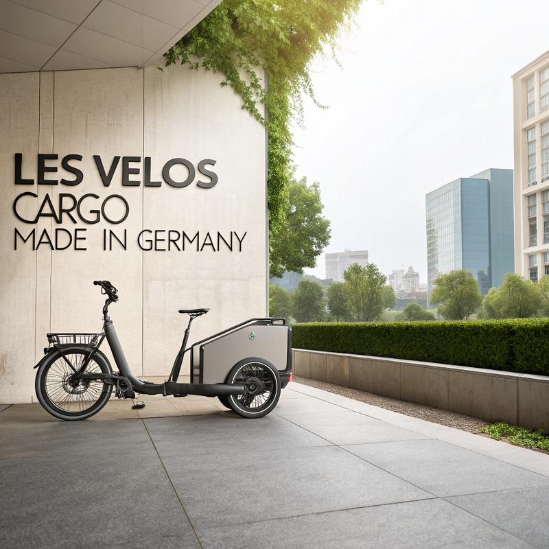 Vélo cargo électrique futuriste conçu pour les professionnels et les familles, stationné près d'un bâtiment moderne avec verdure urbaine et mention 'Les vélos cargo Made in Germany' sur un mur.
