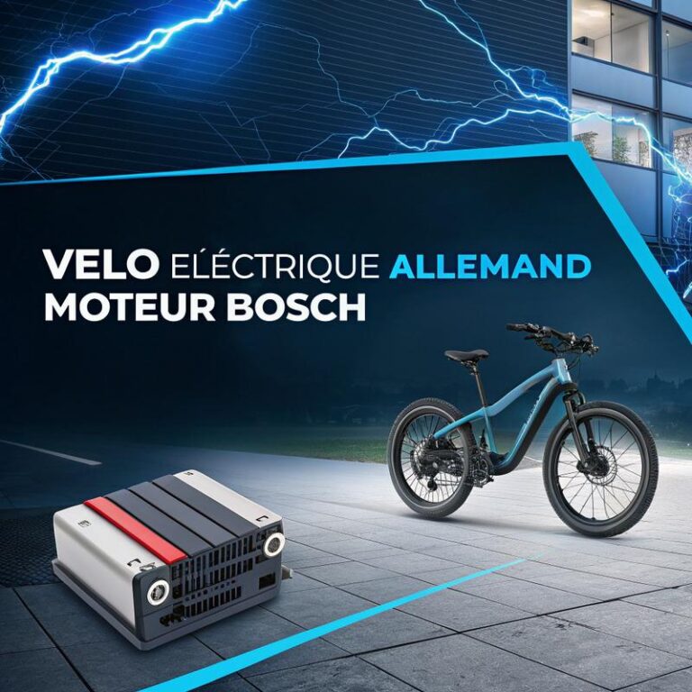 Illustration en infographie combinant un vélo électrique allemand, des moteurs Bosch, et des batteries avec capacité en Wh, sur un fond inspiré d'une interface digitale avec des accents néon bleus.