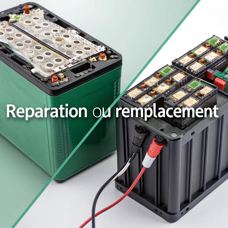 Vue coupée d'une batterie de vélo électrique : à gauche, une batterie endommagée avec des cellules gonflées et de la corrosion, à droite, une batterie réparée avec de nouvelles cellules, des indicateurs LED et des câblages propres.