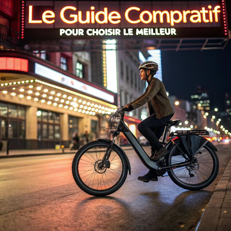 Vélo électrique élégant avec moteur Bosch, circulant dans un décor urbain vibrant avec des enseignes néon lumineuses et un panneau publicitaire 'Le Guide Comparatif pour Choisir le Meilleur'