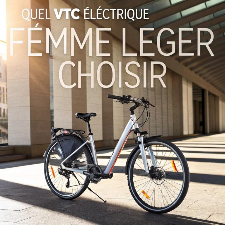 Vélo électrique hybride léger pour femme, cadre argenté, selle et guidon ergonomiques, dans un environnement urbain avec éclairage cinématographique.