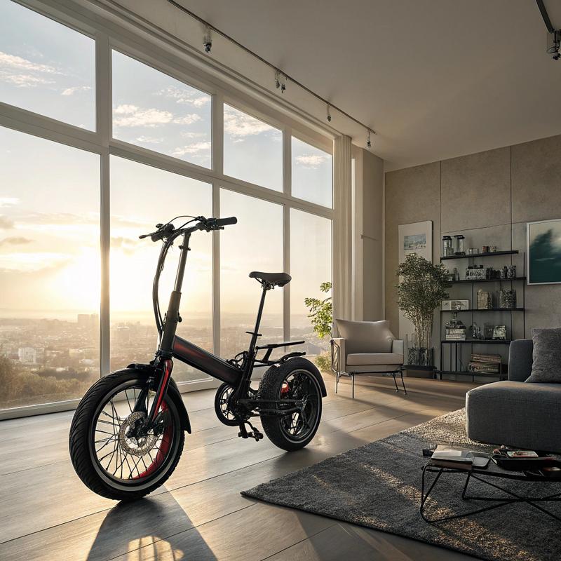 Vélo électrique pliable au design moderne dans un appartement lumineux, avec éclairage matinal et accents néon cyberpunk.