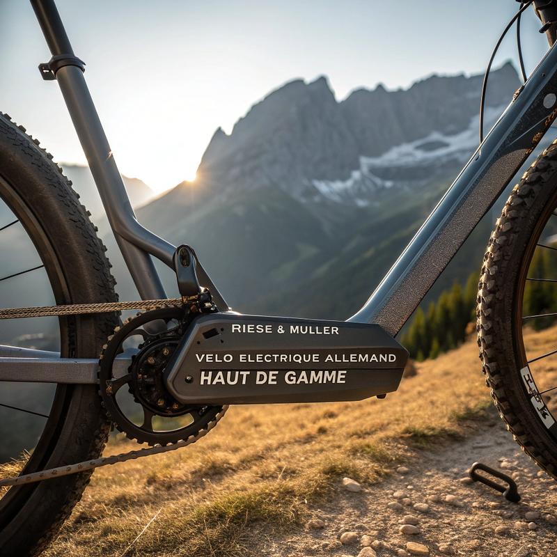 Gros plan sur un vélo électrique Riese & Müller haut de gamme sur un sentier de montagne, équipé de matériel de trekking avancé, avec un éclairage naturel dramatique et des détails texturés sur les composants.
