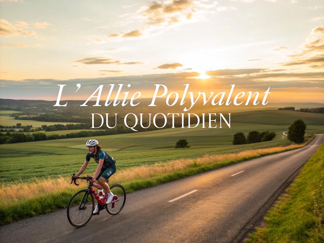 Vélo hybride roulant sur une route de campagne sous un coucher de soleil doré, avec un texte élégant 'L’Allié Polyvalent du Quotidien'.