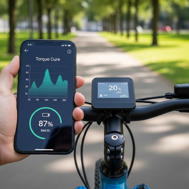 Vue subjective d'une main tenant un smartphone affichant une application de vélo électrique au-dessus du guidon, avec un parc urbain flou en arrière-plan