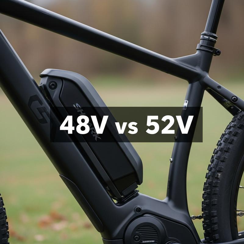 Batterie vélo électrique type Shark montée sur cadre VTT noir mat avec texte comparatif 48V vs 52V