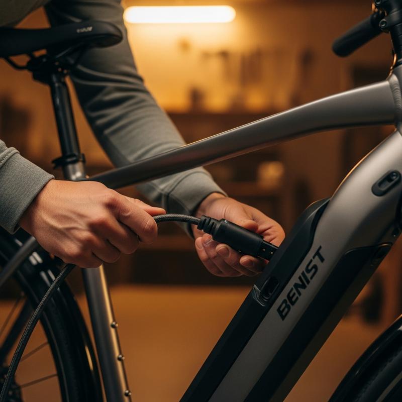 Branchement du câble de charge sur la batterie d'un vélo électrique hybride