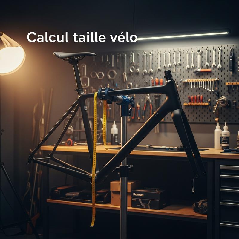 Cadre de vélo noir sur pied d'atelier avec un mètre ruban jaune sur le tube supérieur et le texte Calcul taille vélo