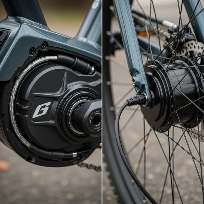 Vue macro scindée comparant un moteur pédalier central métallique à gauche et un moteur moyeu arrière à droite, sous un éclairage technique contrasté