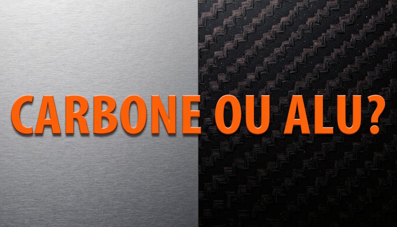 Comparaison macro entre aluminium brut et fibre de carbone brillante avec le texte superposé 'Carbone ou Alu ?' en orange.