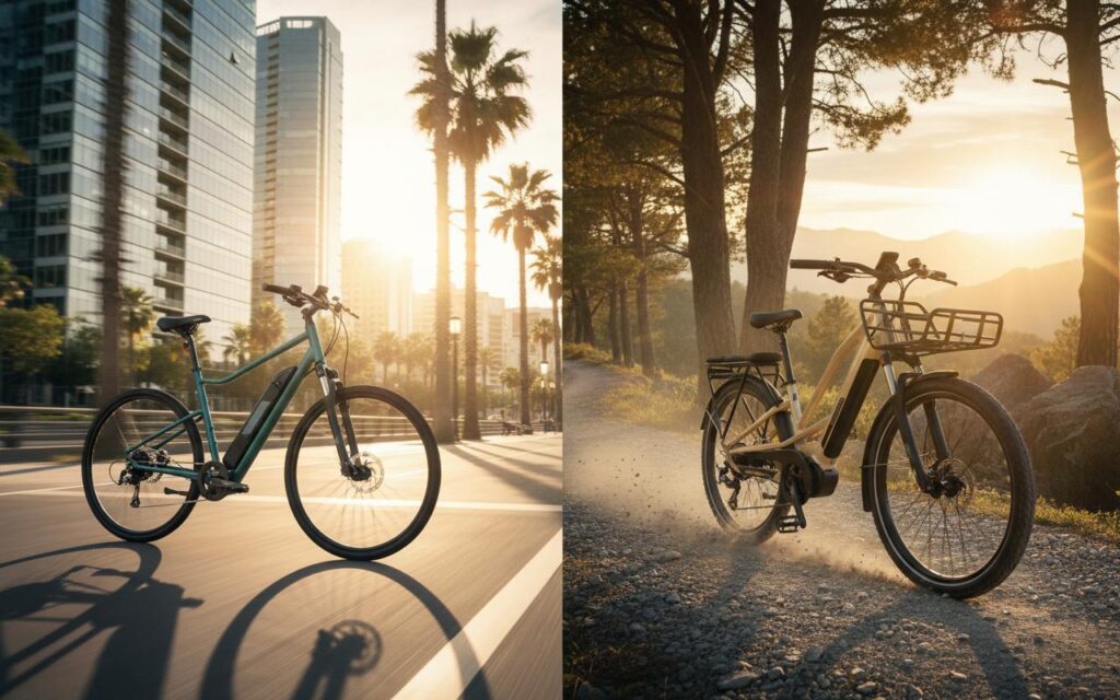 Vélo électrique Decathlon Riverside en ville à gauche face au Nakamura Crossover sur sentier à droite, présentés en écran scindé au coucher du soleil