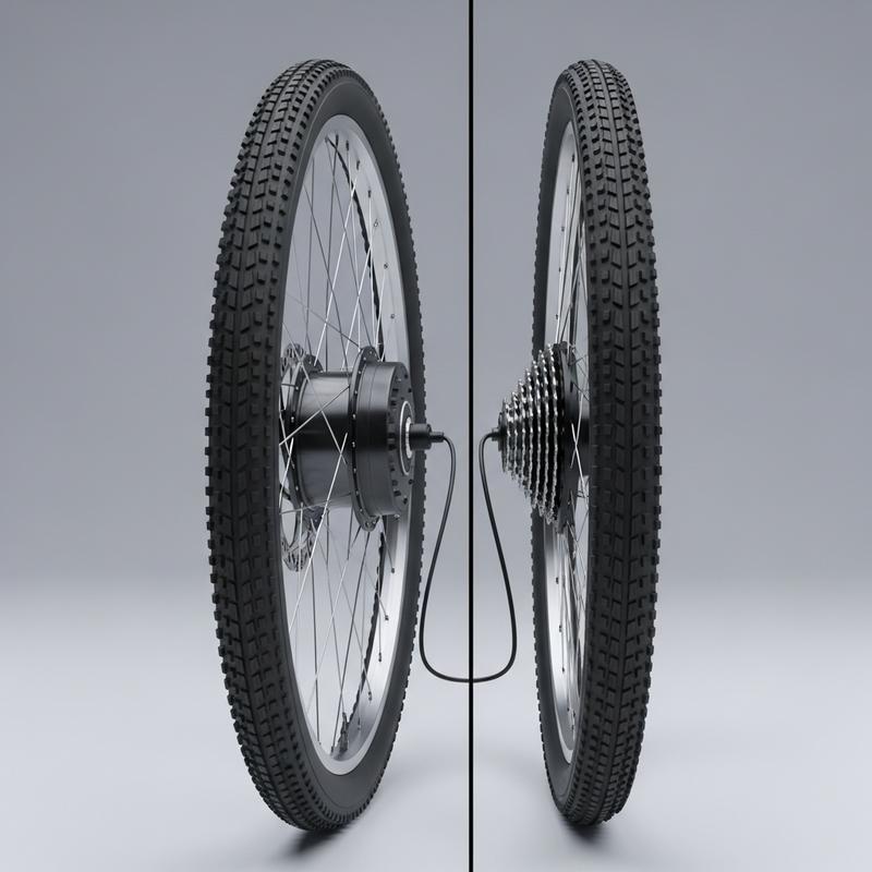 Rendu 3D comparatif : moteur électrique dans le moyeu arrière à gauche face à un moteur pédalier à droite, sur fond gris neutre.