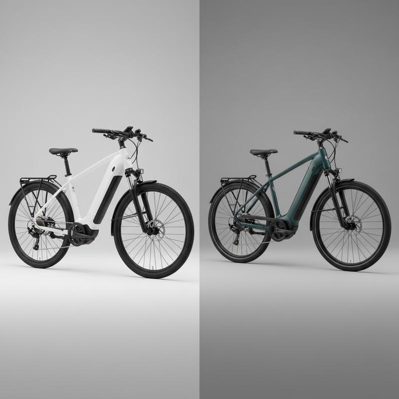 Vélos électriques Nakamura E-Crossover XA et Riverside LD 500 E positionnés face à face sous un éclairage studio pour une comparaison visuelle