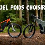 Écran scindé comparant un VTT électrique léger et un modèle puissant sur un sentier forestier, avec le texte : Quel Poids Choisir ?