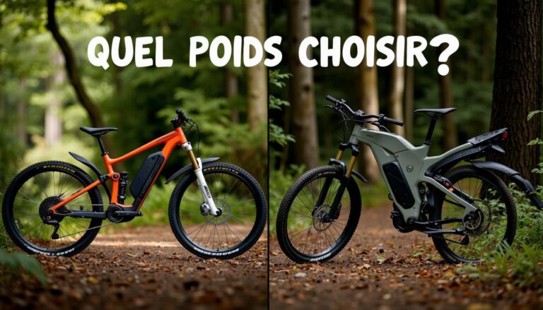 Écran scindé comparant un VTT électrique léger et un modèle puissant sur un sentier forestier, avec le texte : Quel Poids Choisir ?