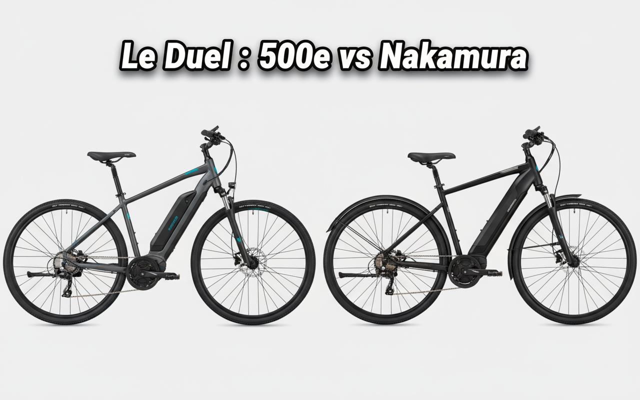 Vélo électrique Decathlon Riverside 500e gris sur un chemin de parc, avec le texte Test Riverside 500e en surimpression