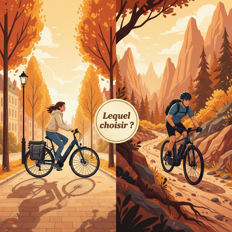 Illustration comparative split-screen : un cycliste en ville sur un Riverside 520E face à un cycliste gravissant une côte sur un Riverside 540E, avec le texte central Lequel choisir ?