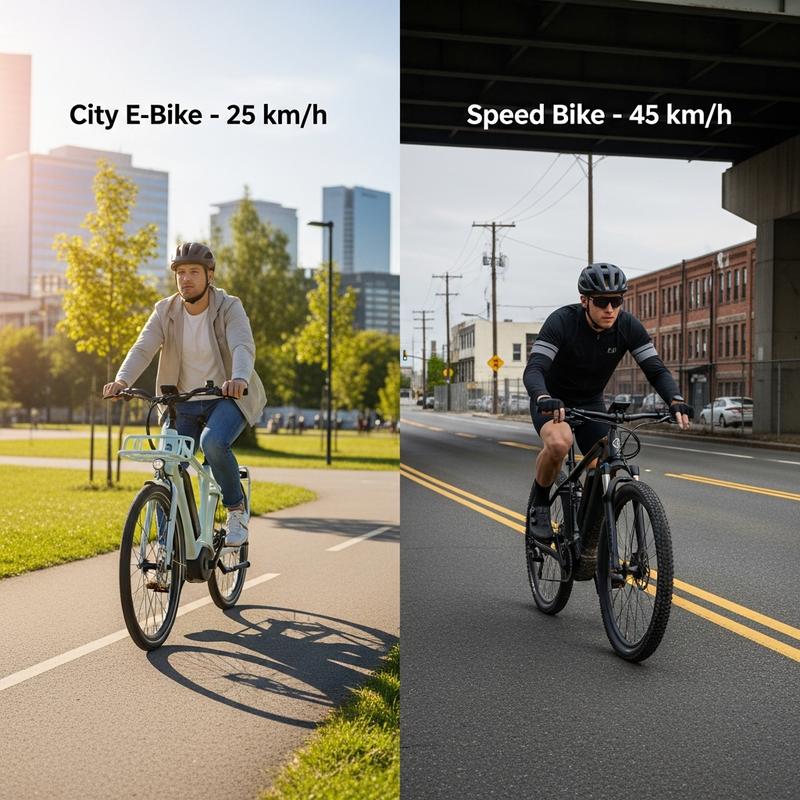 Comparatif en écran scindé montrant un vélo électrique de ville sur piste cyclable à gauche et un Speed Bike avec rétroviseur sur route à droite, avec le texte '25 km/h vs 45 km/h'