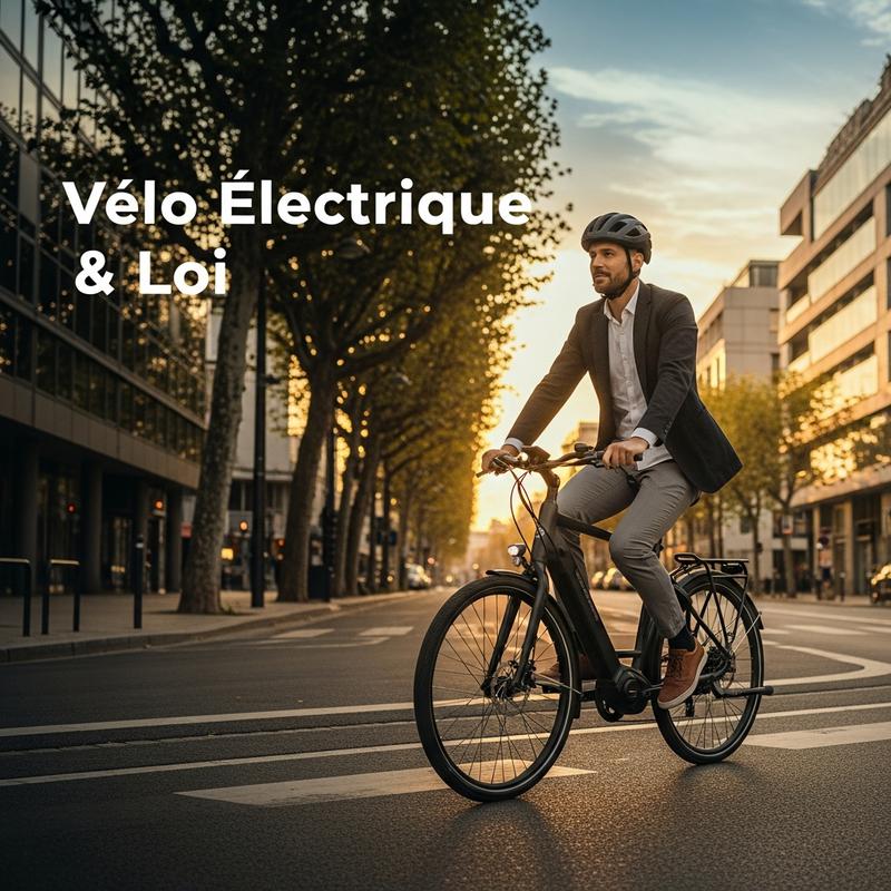 Cycliste urbain souriant en tenue de ville sur un vélo électrique, avec le texte superposé Vélo Électrique & Loi