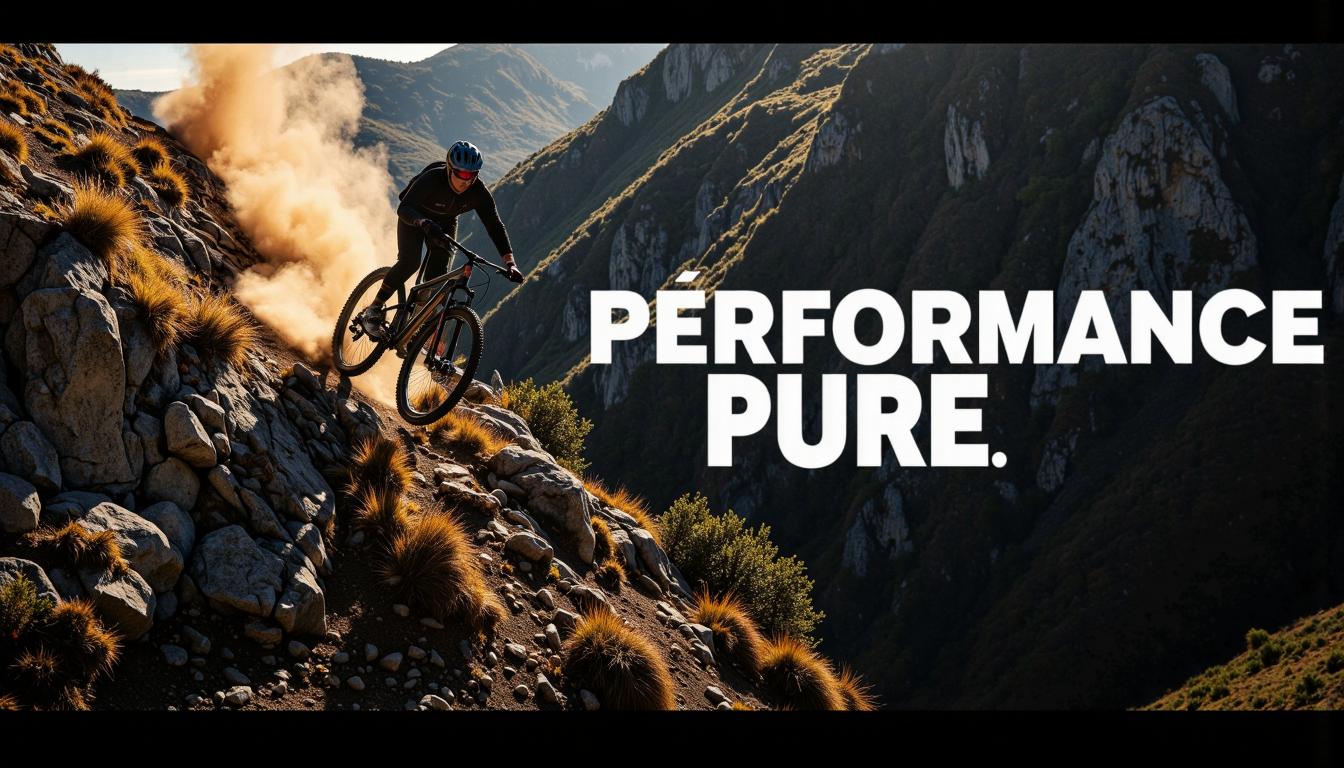 Cycliste gravissant un sentier technique raide sur un VTT électrique, soulevant de la poussière, avec le texte Performance Pure en surimpression.