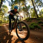 Cycliste sur un VTT électrique léger traversant un sentier forestier technique à vive allure avec effet de flou de mouvement.