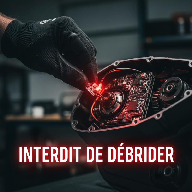 Gros plan d'une main tenant une puce de débridage près d'un moteur de vélo électrique Bosch ouvert, éclairage rouge d'avertissement et texte Interdit de Débrider.