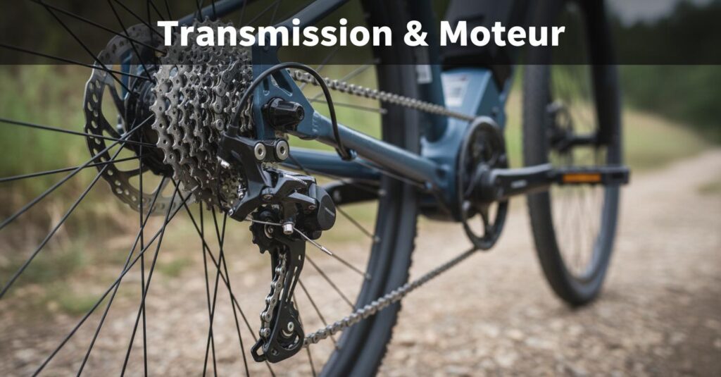 Gros plan du dérailleur Shimano Deore sur un vélo Riverside 540E avec le texte superposé Transmission & Moteur