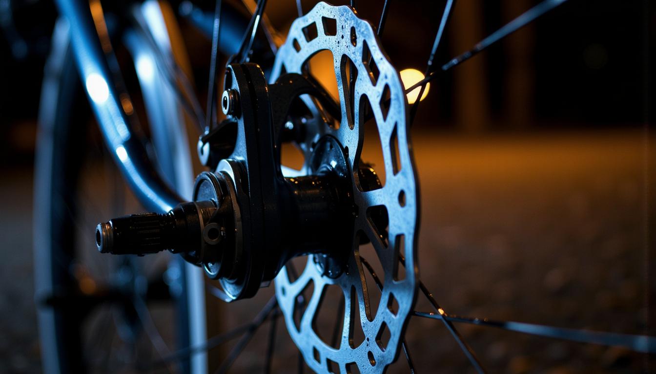 Gros plan macro d'un frein à disque hydraulique de vélo perlé de gouttes d'eau, sous un éclairage contrasté mettant en valeur la texture métallique.