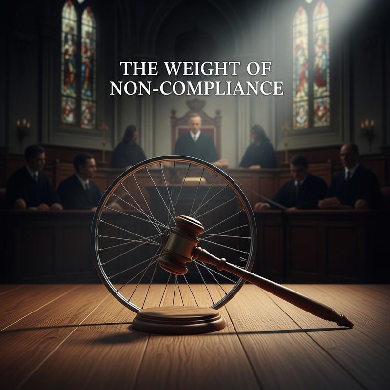 Marteau de juge fusionné avec une roue de vélo sur fond de tribunal flou, avec le texte Risques et Amendes illustrant les sanctions légales