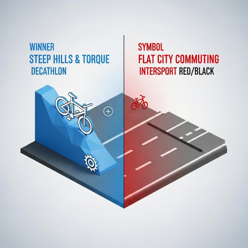 Visualisation 3D isométrique comparant deux catégories de vélos électriques : symboles de dénivelé en bleu versus trajet urbain plat en rouge et noir