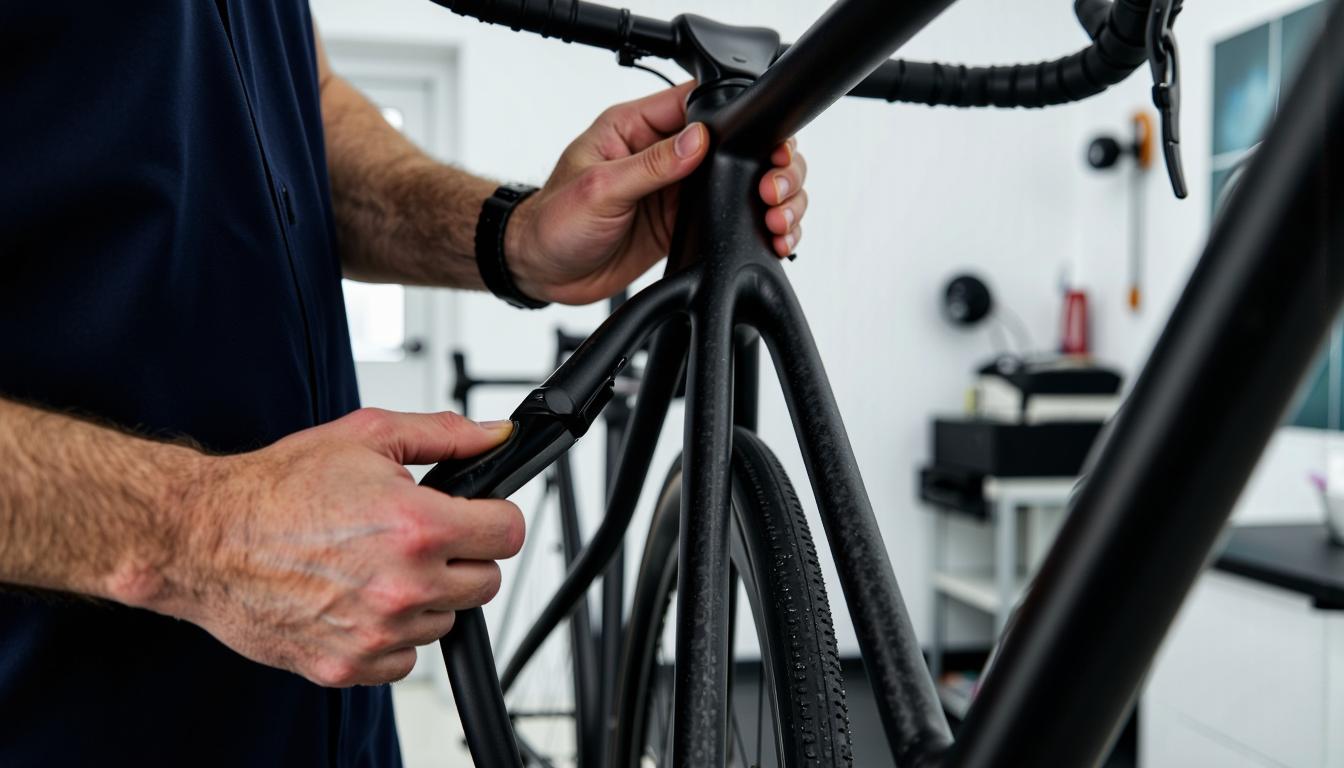 Gros plan sur les mains d'un mécanicien inspectant minutieusement un cadre de vélo en carbone mat dans un atelier moderne et lumineux.