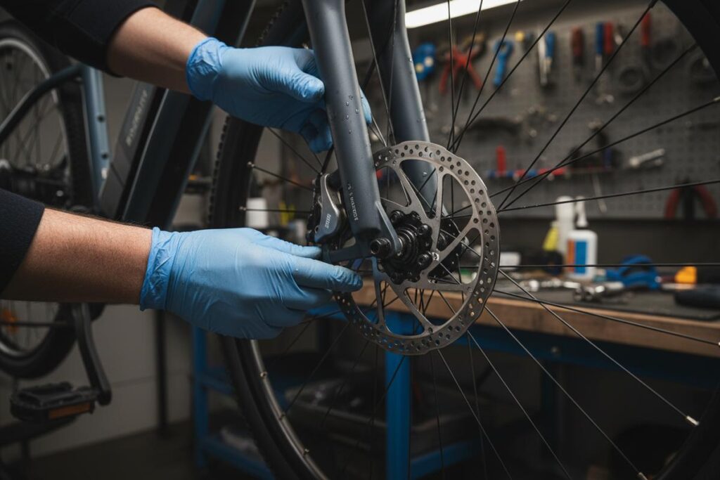 Mains d'un mécanicien inspectant l'étrier de frein à disque hydraulique sur le cadre aluminium d'un vélo électrique Riverside